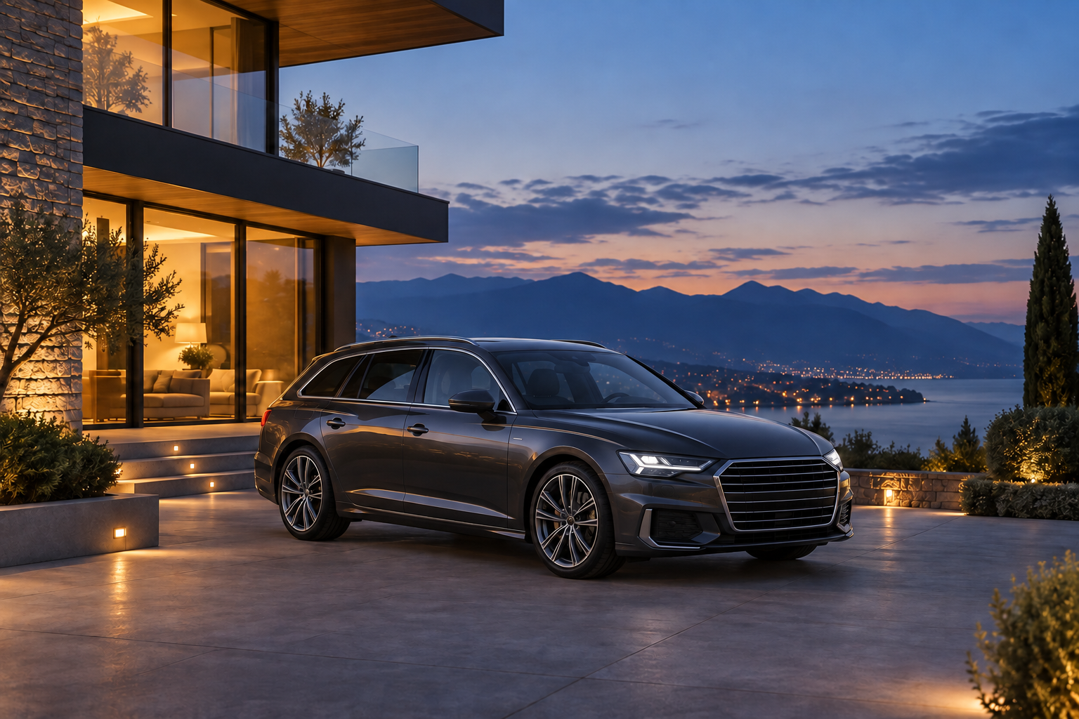 A graphite car parked outside a warmly lit contemporary home at dusk
